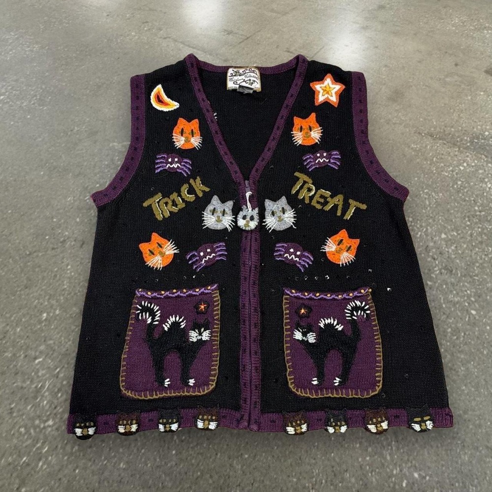 Vintage Heirloom Collectibles Halloween Cat Knit Cardigan Vest Black Purple L